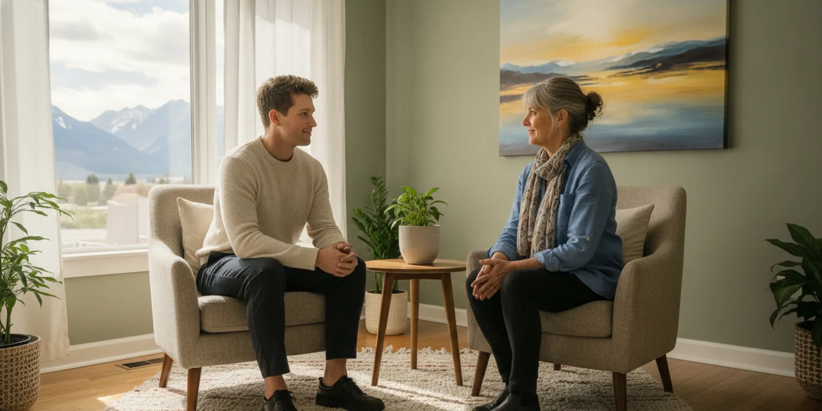 A person speaking with a counsellor in a calm, welcoming therapy room