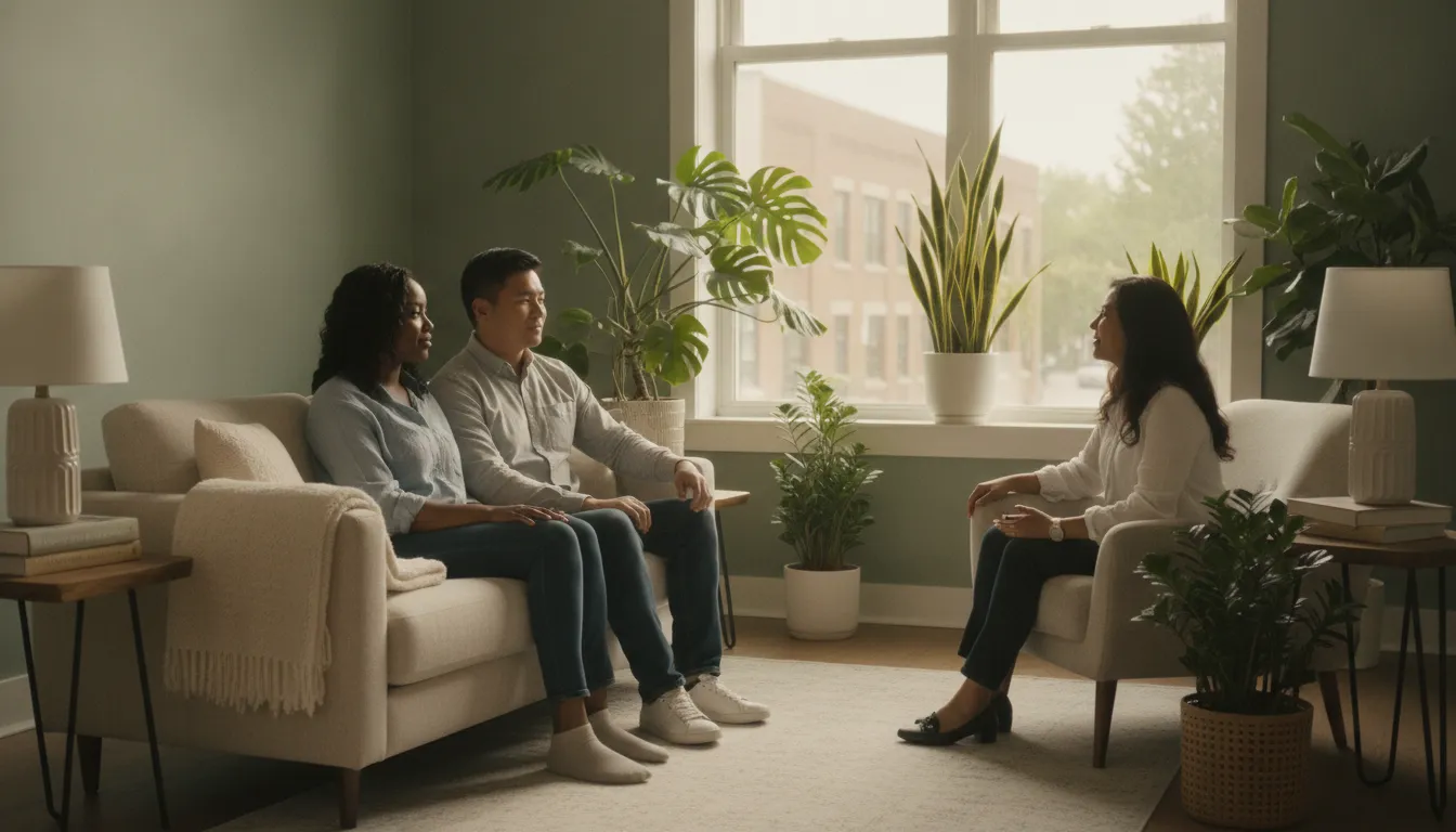 LGBTQ affirming counselling conversation in a warm Edmonton therapy office