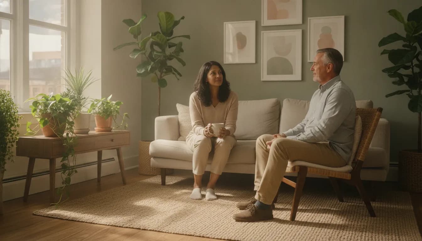 Adult client and counsellor talking in a warm, natural-light Edmonton therapy room