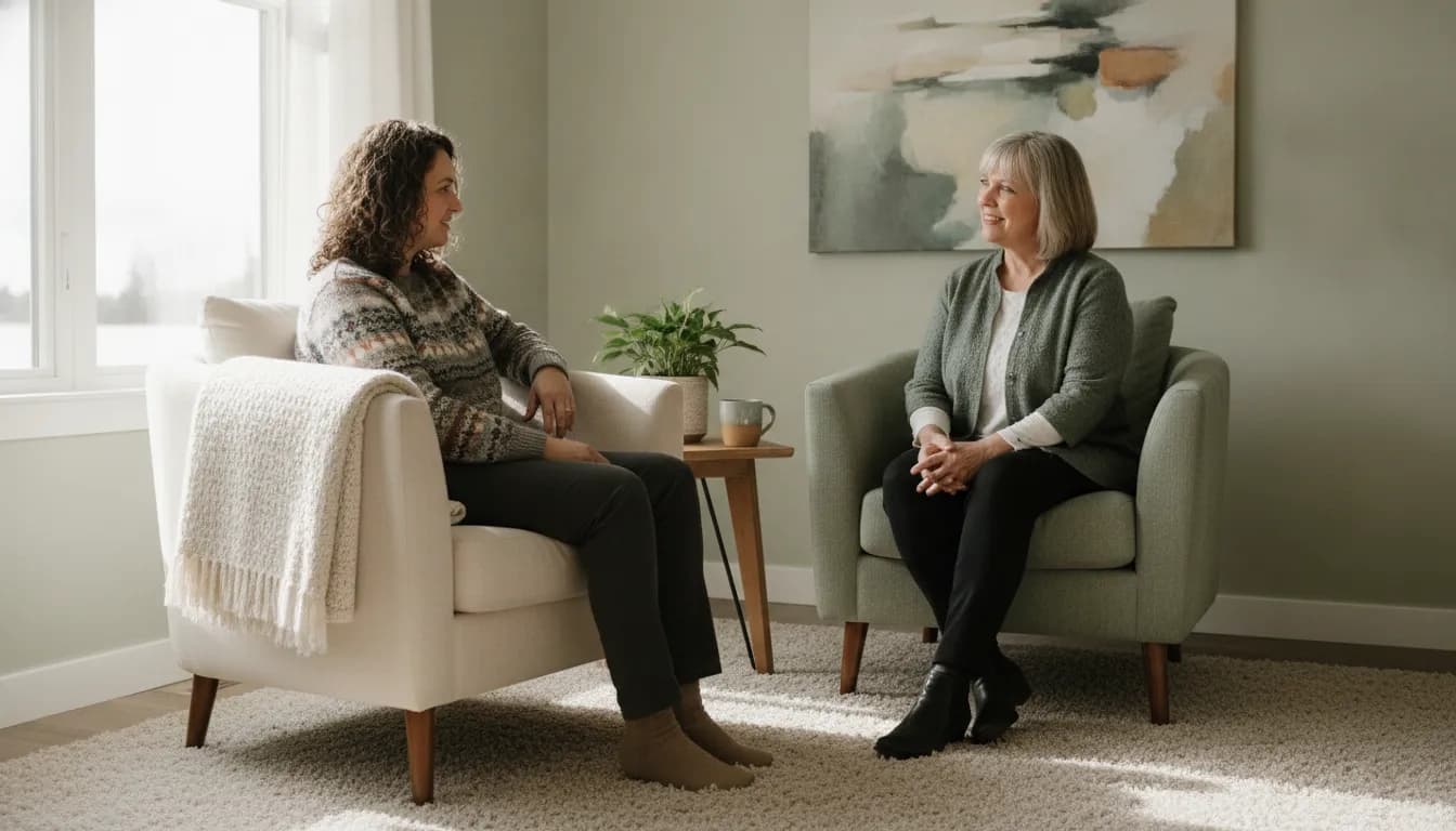 Adult speaking with a counsellor in a warm, natural-light setting