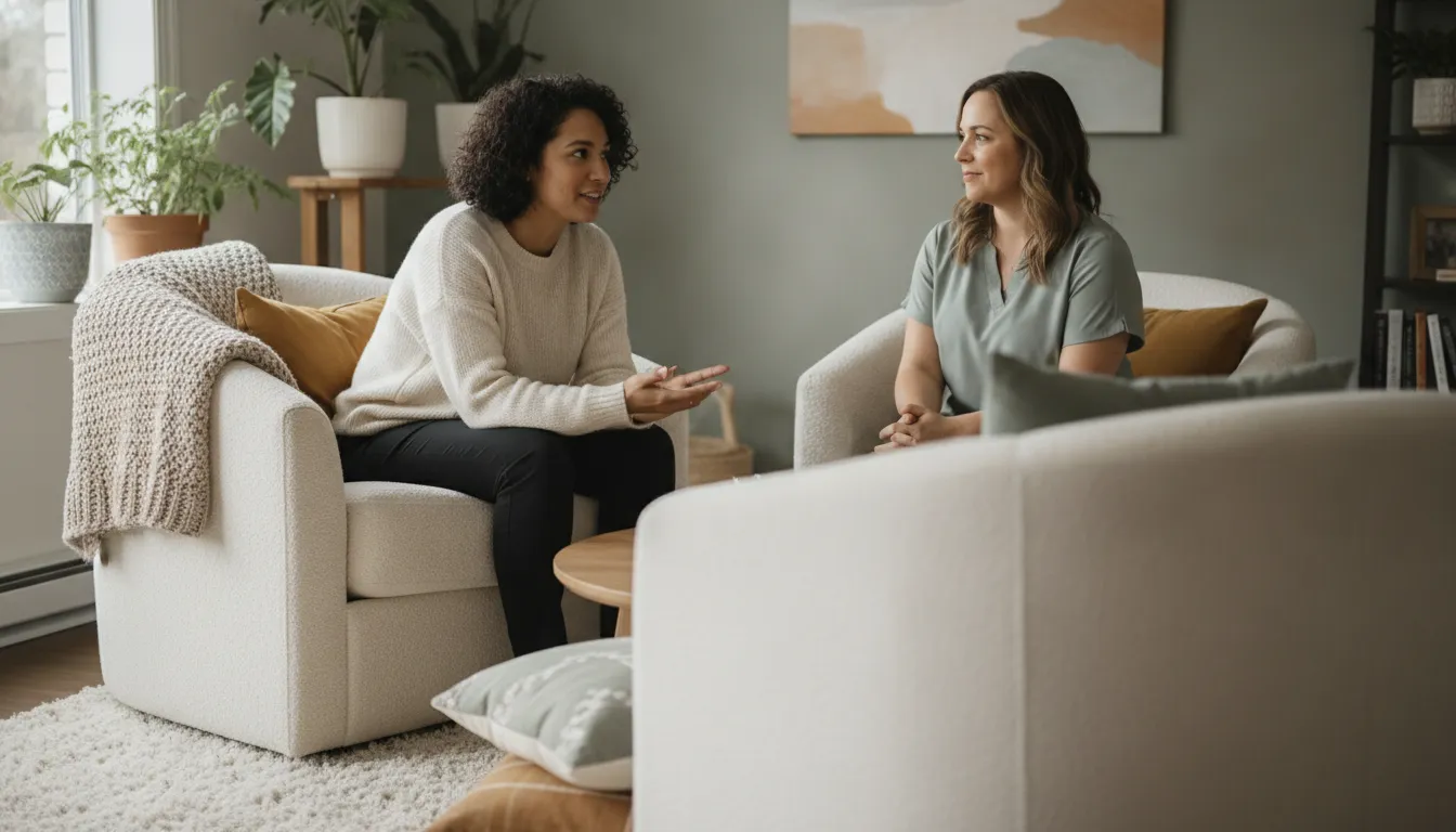 Adult speaking with a compassionate counsellor in a warm Edmonton therapy room