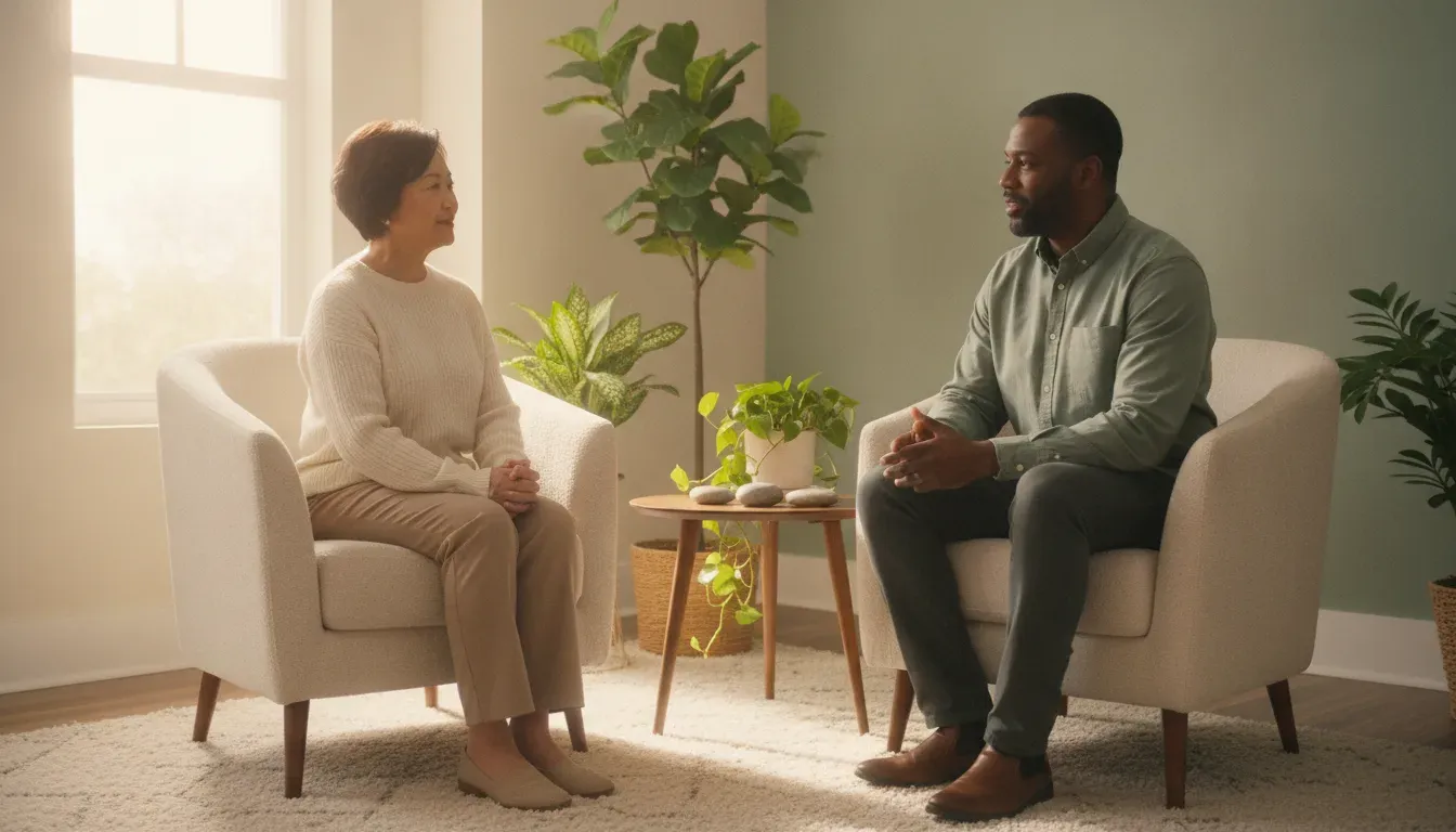 Older adult speaking with a counsellor in a warm Edmonton therapy office