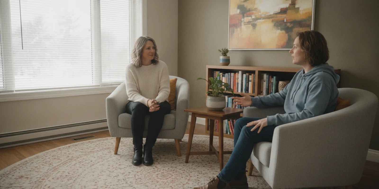 A counsellor listening attentively to an adult client in a calm, welcoming therapy room