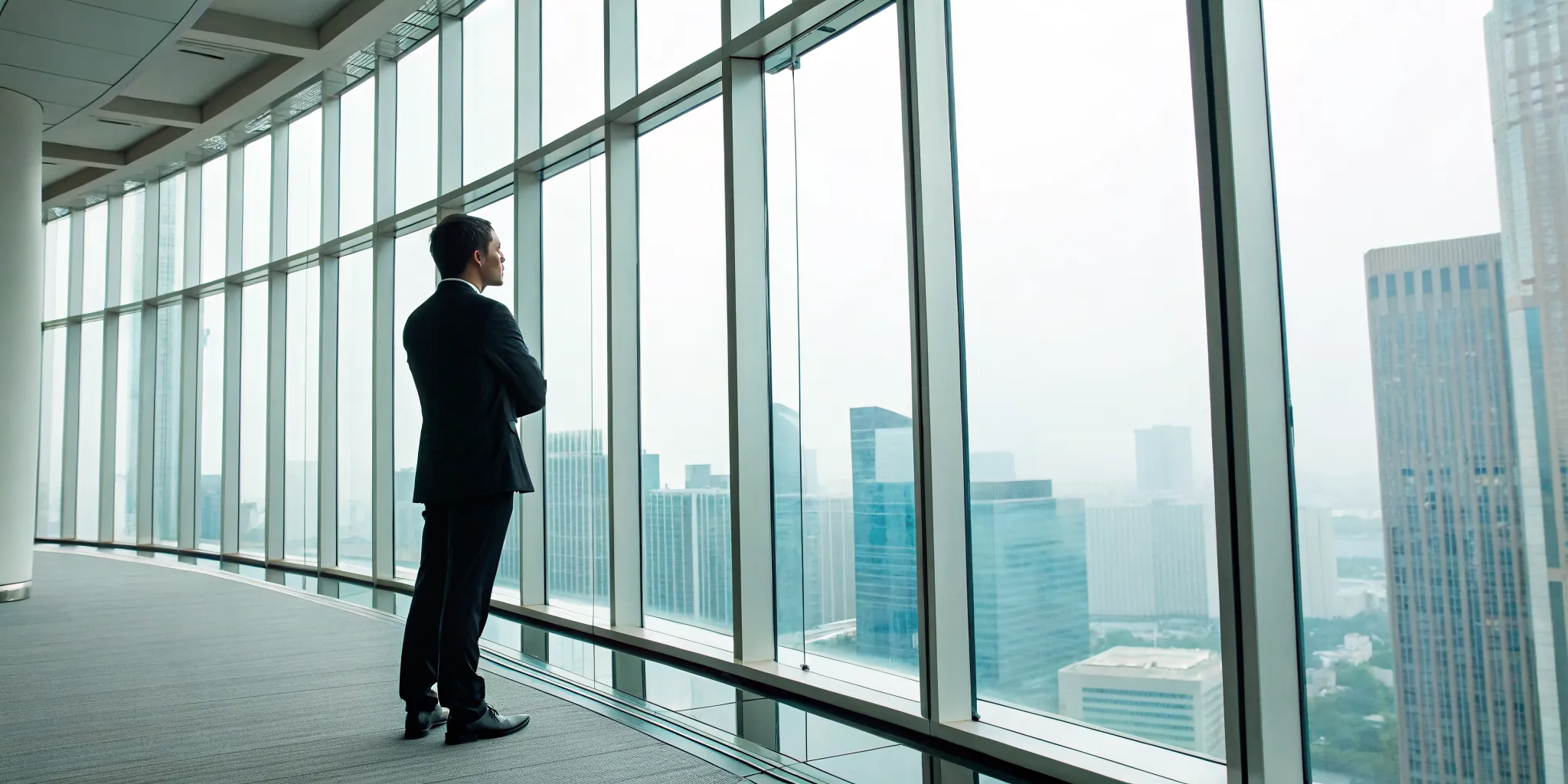 Man looking over a city skyline while reflecting on the stages of grief.