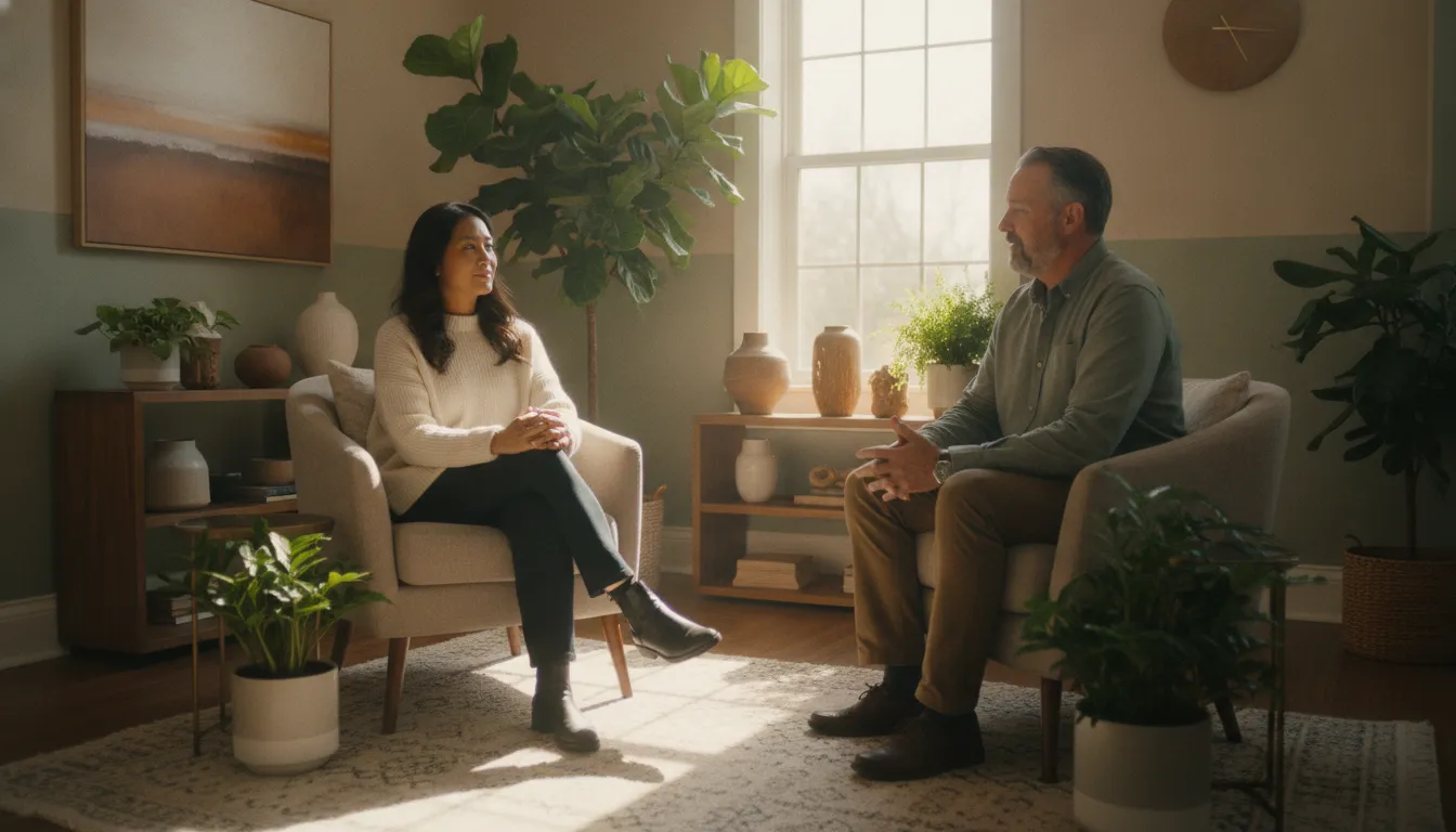 Supportive counselling conversation in a welcoming Edmonton therapy office