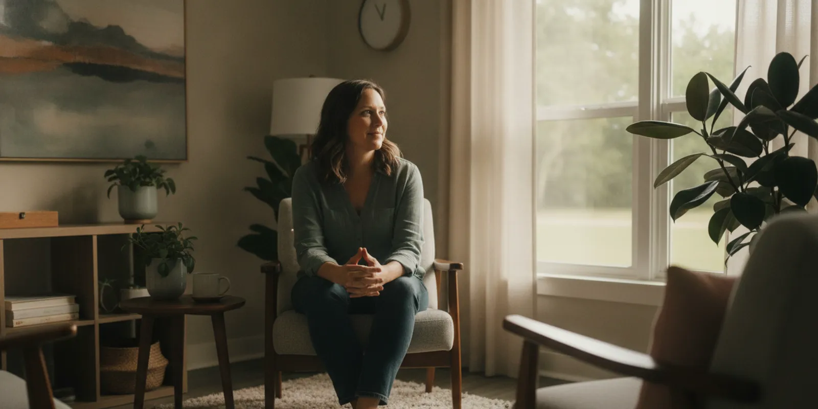 A person sitting by a window in a calm counselling space, reflecting quietly