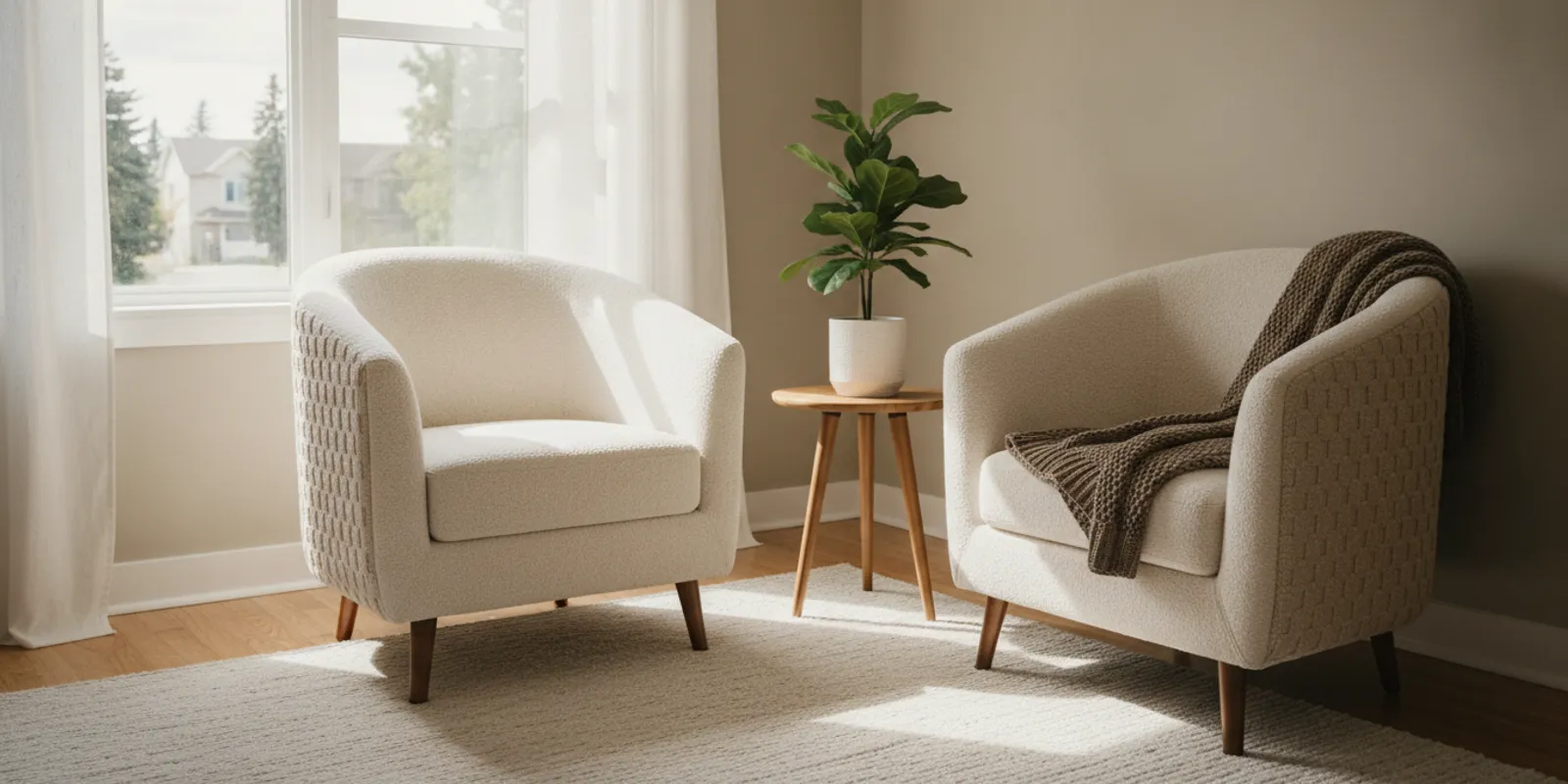 Warm counselling room with two chairs and soft natural light