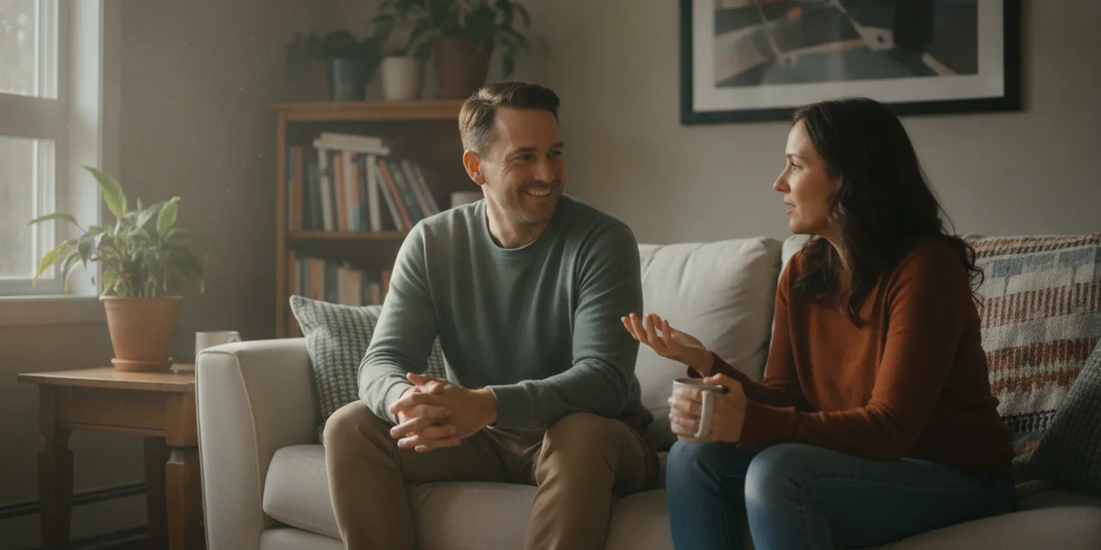 Two partners sitting together on a sofa in a calm, softly lit living room