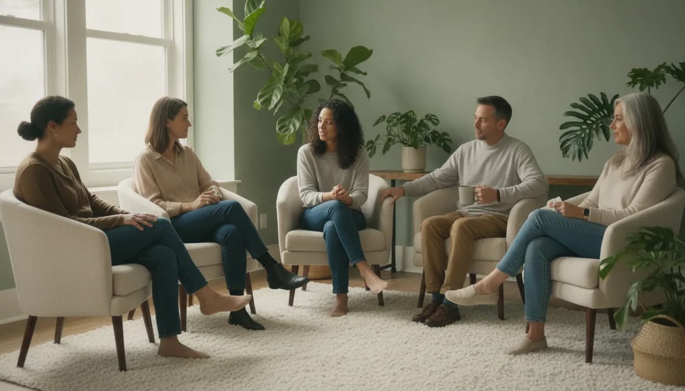 Adults sharing support in a calm Edmonton grief support group setting