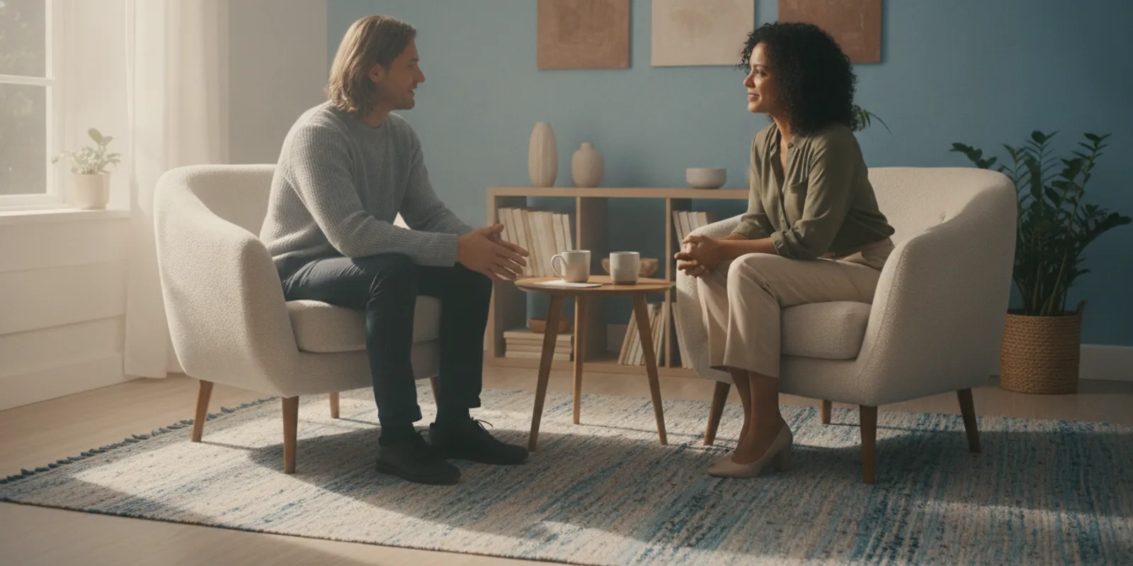 A person talking with a counsellor in a calm, welcoming therapy office