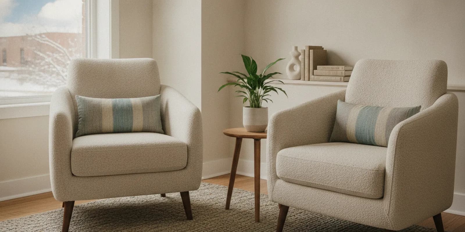 A welcoming counselling room with two chairs and soft natural light