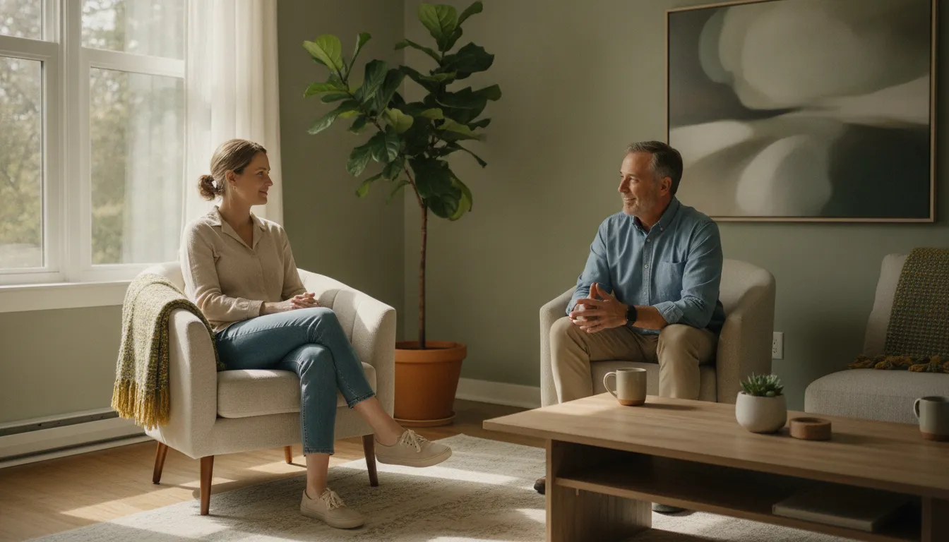 Warm, natural-light trauma therapy conversation in a welcoming counselling room