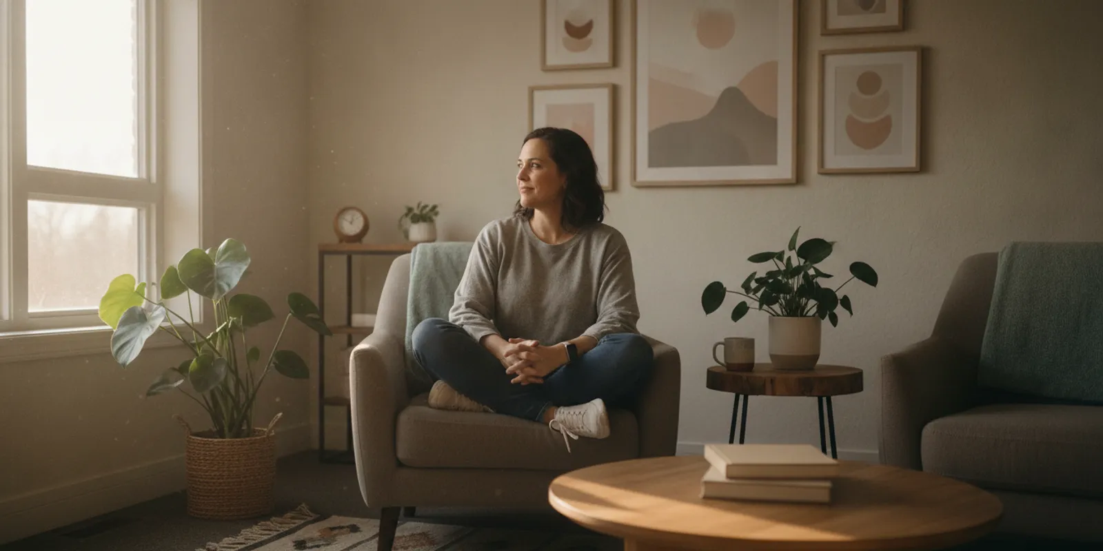A person sitting comfortably in a calm counselling room in Edmonton