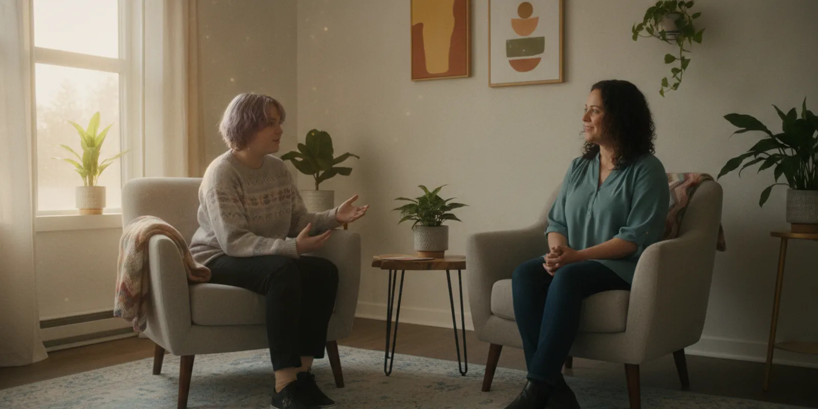 A queer teen speaking with a supportive adult in a calm counselling room