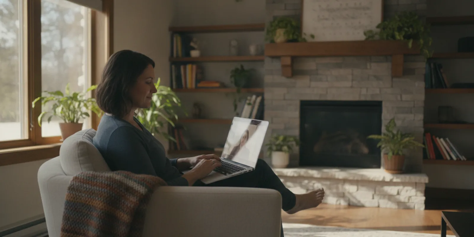 Client speaking with a counsellor by video from a quiet home setting