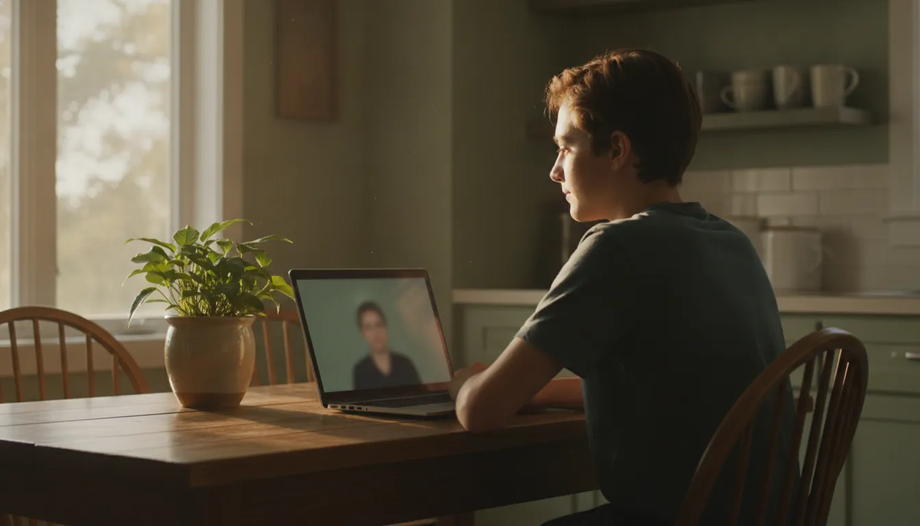 A teenager at a kitchen table joining a video counselling call in warm natural light