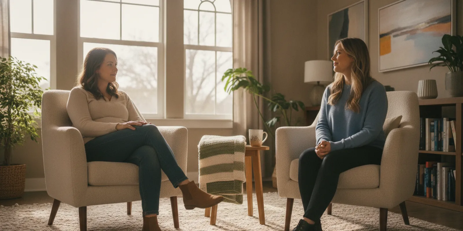 A new parent sitting beside a bassinet and speaking with a supportive counsellor in a calm room