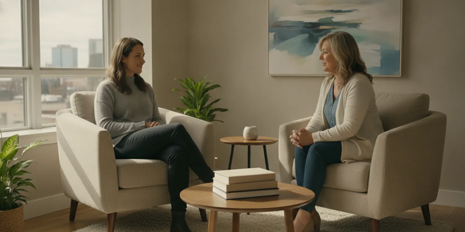 A new parent sitting with a counsellor in a calm, welcoming room