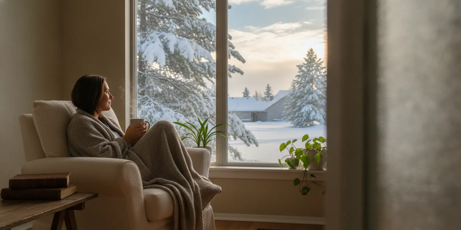 A person sitting by a bright window on a snowy Edmonton winter morning