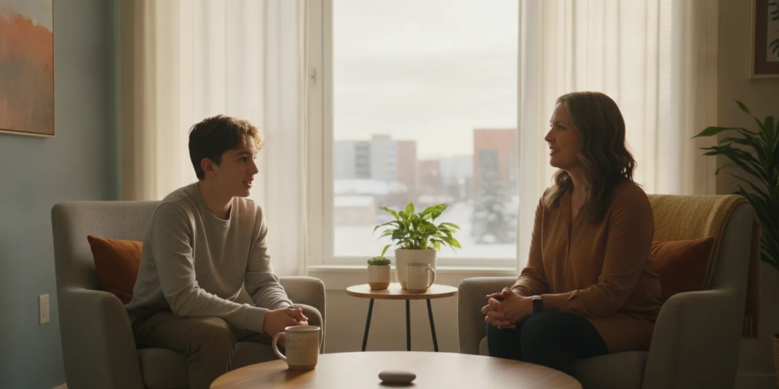 A teenager talking with a supportive adult in a calm counselling room