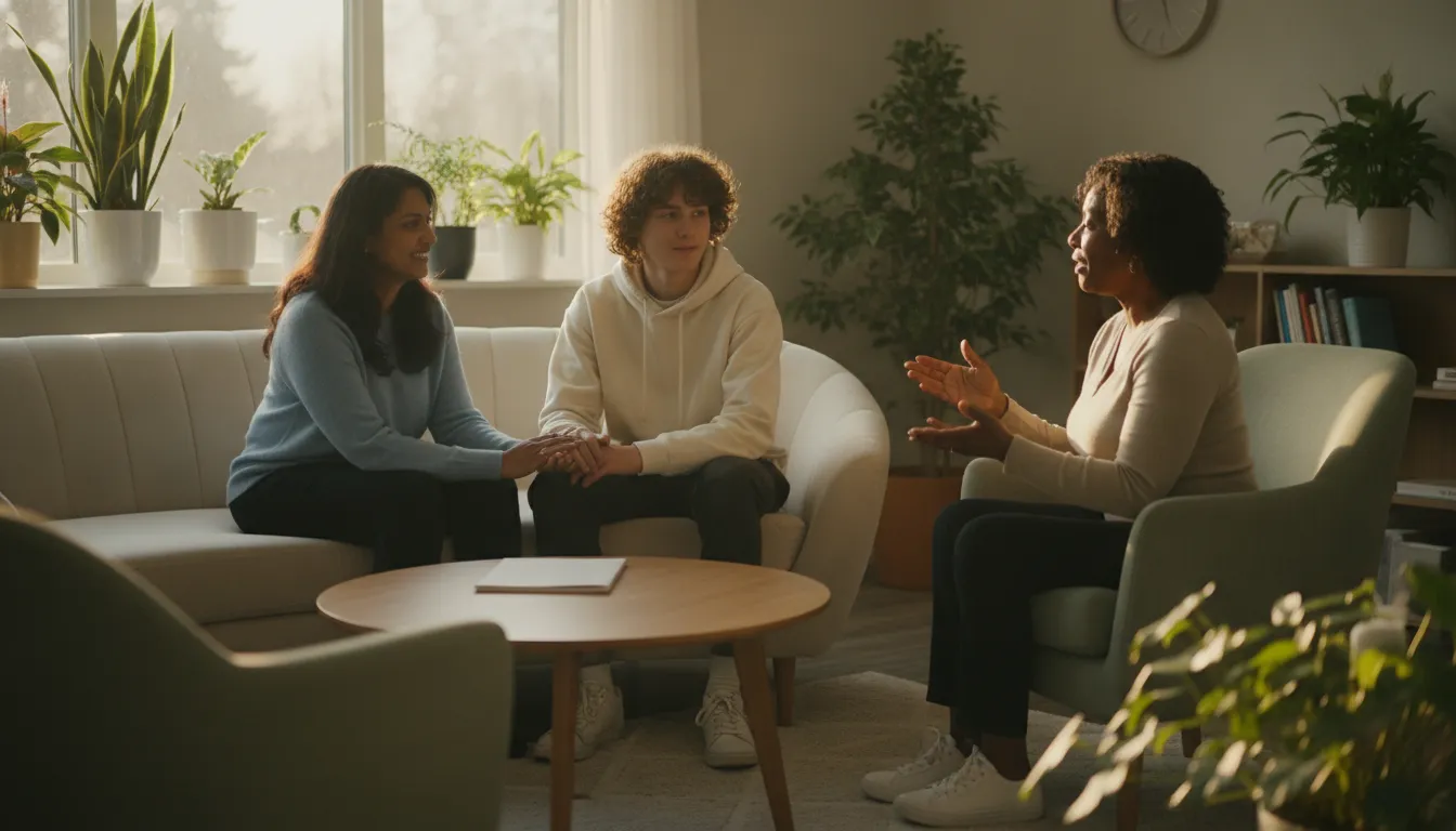 Teen and parent speaking with a counsellor in a warm Edmonton therapy office
