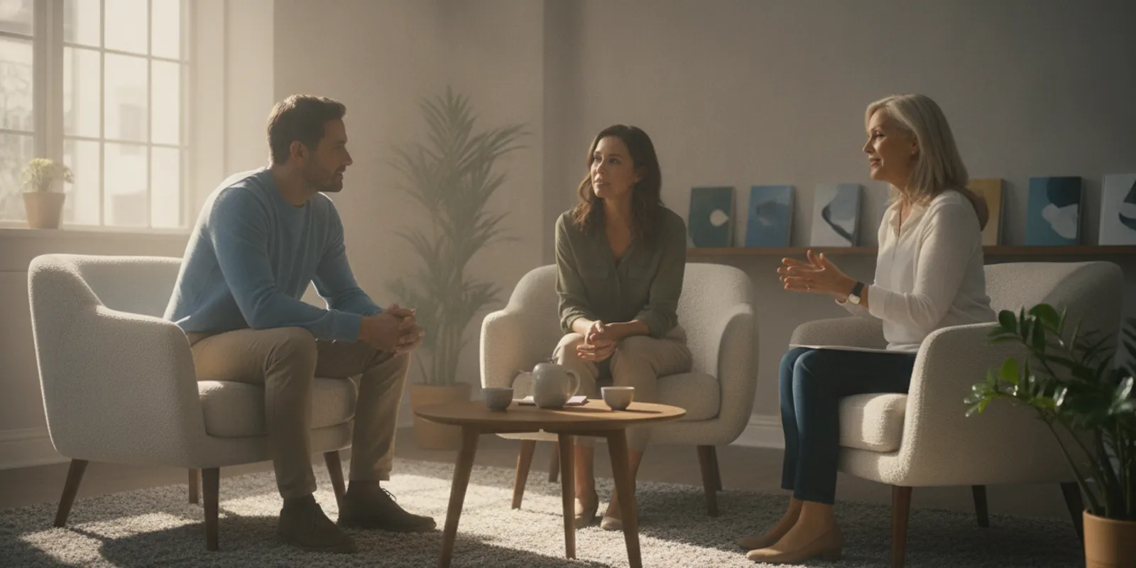 A couple sitting together in a calm counselling room, speaking thoughtfully with a therapist