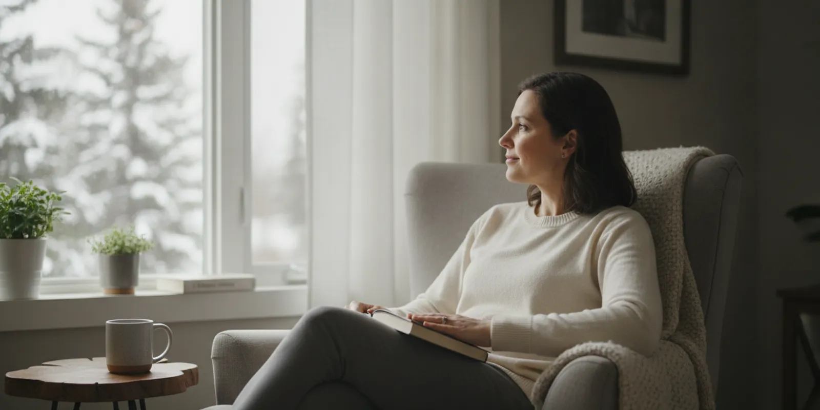 A person sitting thoughtfully near a window in a calm, softly lit room