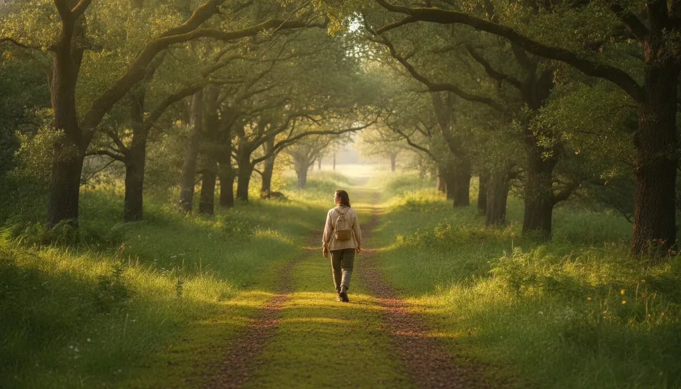 Person walking a peaceful tree-lined path as a symbol of recovery support