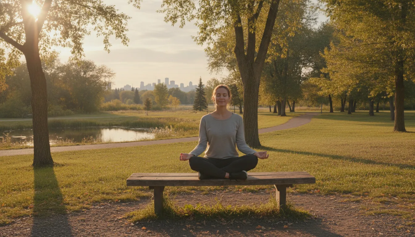 A person taking a mindful breathing pause outdoors in a quiet Edmonton park