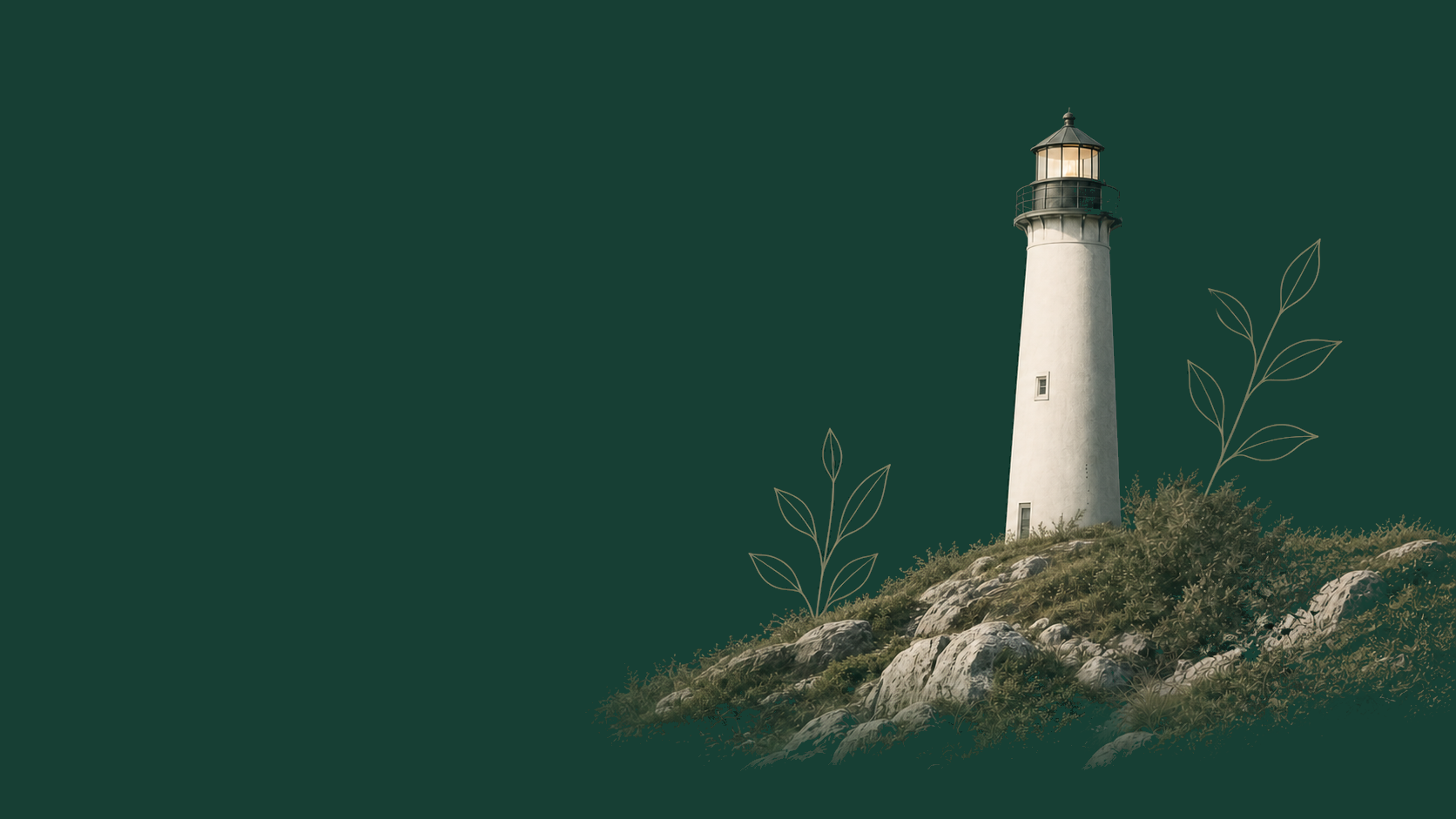 Lighthouse rising from a planted rocky landscape